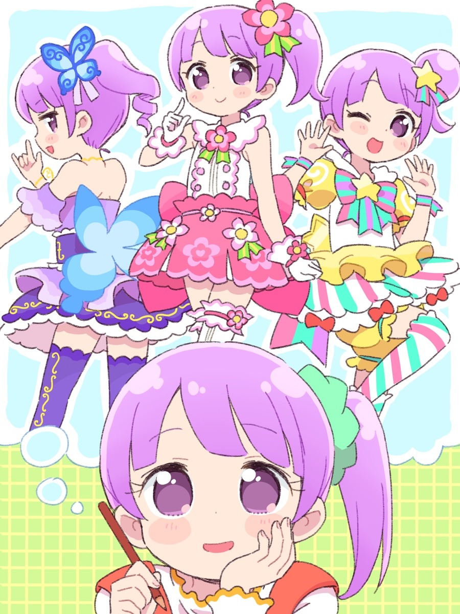 4girls bare_shoulders blunt_bangs butterfly_hair_ornament butterfly_wings cosplay cropped_legs dress flower gloves green_scrunchie hair_bun hair_flower hair_ornament hair_scrunchie hand_on_own_cheek hand_on_own_face hand_up hands_up highres idol_clothes ikzw imagining insect_wings junon_(pripara) junon_(pripara)_(cosplay) kanon_(pripara) kanon_(pripara)_(cosplay) looking_at_viewer looking_up manaka_non manaka_non_(normal) multiple_girls multiple_persona one_eye_closed open_mouth pink_flower pink_skirt pinon_(pripara) pinon_(pripara)_(cosplay) pretty_series pripara puffy_short_sleeves puffy_sleeves purple_dress purple_hair scrunchie shirt short_hair short_sleeves side_ponytail single_side_bun skirt smile standing star_(symbol) star_hair_ornament thought_bubble violet_eyes white_gloves white_shirt wings