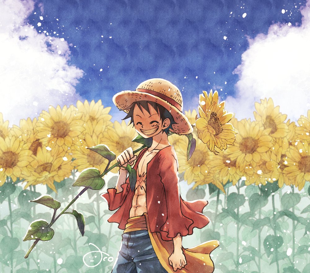 1boy aco_peda black_hair blue_shorts clenched_hand closed_eyes clouds commentary_request cowboy_shot flower hat holding holding_flower male_focus monkey_d._luffy one_piece open_clothes open_shirt red_shirt sash scar scar_on_chest scar_on_face shirt shorts sky smile solo straw_hat sunflower yellow_sash