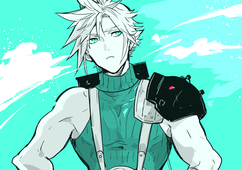 1boy aqua_background aqua_eyes aqua_theme armor buster_sword closed_mouth cloud_strife earrings final_fantasy final_fantasy_vii final_fantasy_vii_remake frown hands_on_own_hips jewelry looking_to_the_side male_focus short_hair shoulder_armor single_bare_shoulder single_earring single_shoulder_pad sleeveless sleeveless_turtleneck solo spiky_hair suspenders turtleneck weapon weapon_on_back wxz