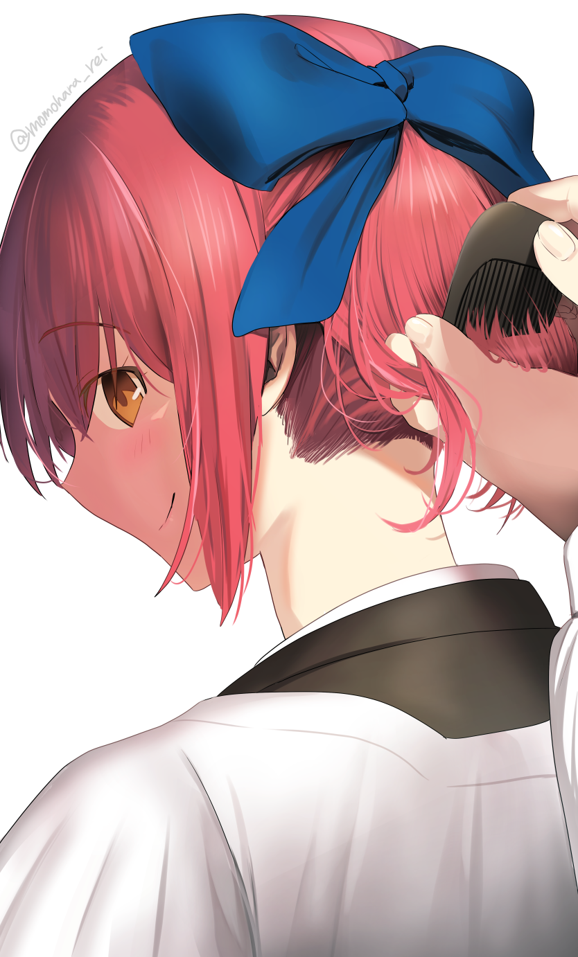 1girl apron artist_name blue_bow blush bow brown_eyes brown_kimono brushing_another's_hair brushing_hair closed_mouth comb commentary_request fingernails from_behind hair_bow hands_up highres holding_another's_hair japanese_clothes kappougi kimono kohaku_(tsukihime) looking_at_viewer looking_back maid momohara_rei nape pink_hair portrait pov pov_hands profile short_hair sidelocks sideways_mouth simple_background smile solo_focus tsukihime twitter_username wa_maid white_apron