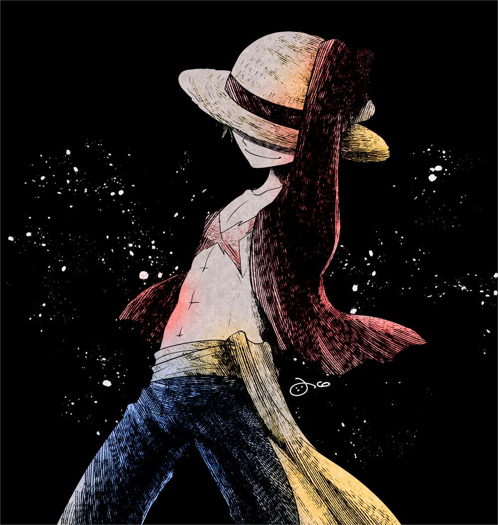 1boy aco_peda black_background blue_shorts covered_eyes cowboy_shot hand_on_headwear hat male_focus monkey_d._luffy one_piece open_clothes open_shirt sash scar scar_on_chest shorts simple_background smile solo straw_hat yellow_sash