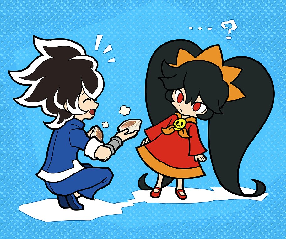 1boy 1girl :&lt; ? ashley_(warioware) black_hair blue_background chiimako closed_eyes dress dumpling hairband holding_food open_mouth red_dress red_eyes skull twintails warioware young_cricket
