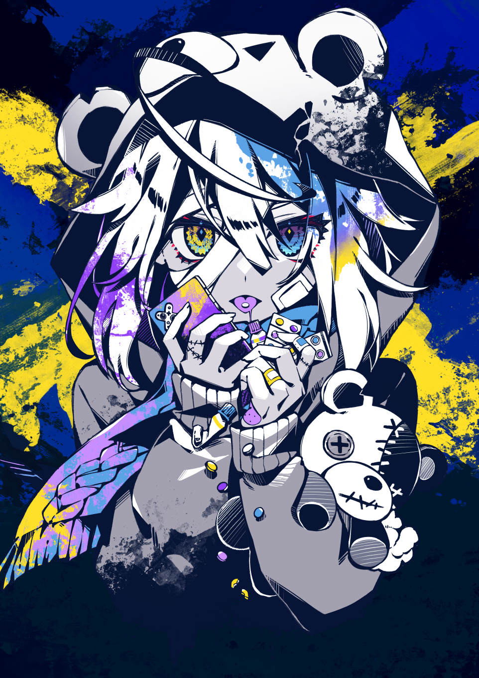 1girl animal_ears animal_hood bandaged_head bandages bandaid bandaid_on_hand bear_ears bear_hood blue_eyes cellphone commentary_request cropped_torso fake_animal_ears fringe_trim hair_between_eyes hands_up heterochromia highres holding holding_phone hood hood_up hoodie looking_at_viewer nou_(nounknown) original phone pill scarf solo stuffed_animal stuffed_toy teddy_bear tongue tongue_out upper_body yellow_eyes