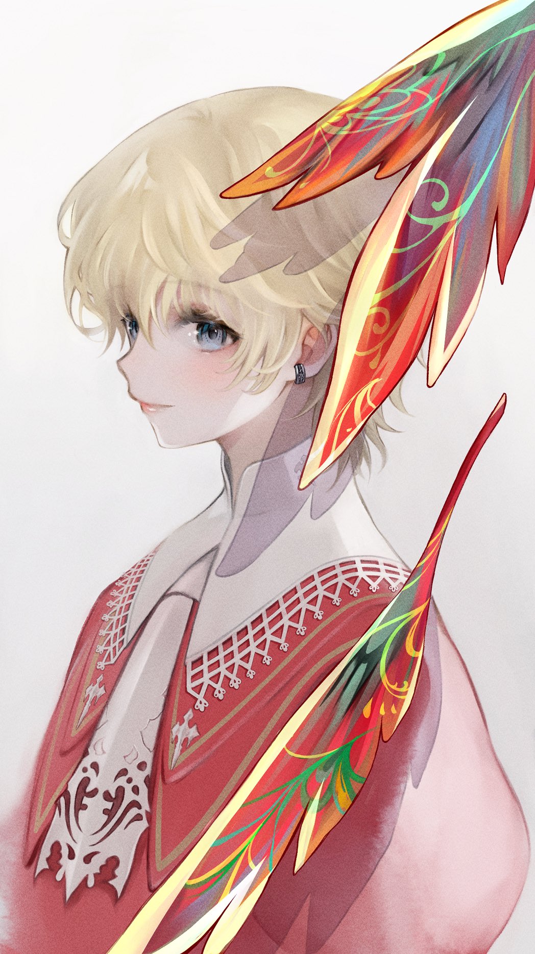 1boy ascot blonde_hair blue_eyes blush child closed_mouth coat earrings feathers final_fantasy final_fantasy_xvi hair_between_eyes highres jewelry joshua_rosfield male_focus pale_skin phoenix_(final_fantasy) quichi_91 red_coat short_hair single_earring smile solo upper_body white_ascot white_background