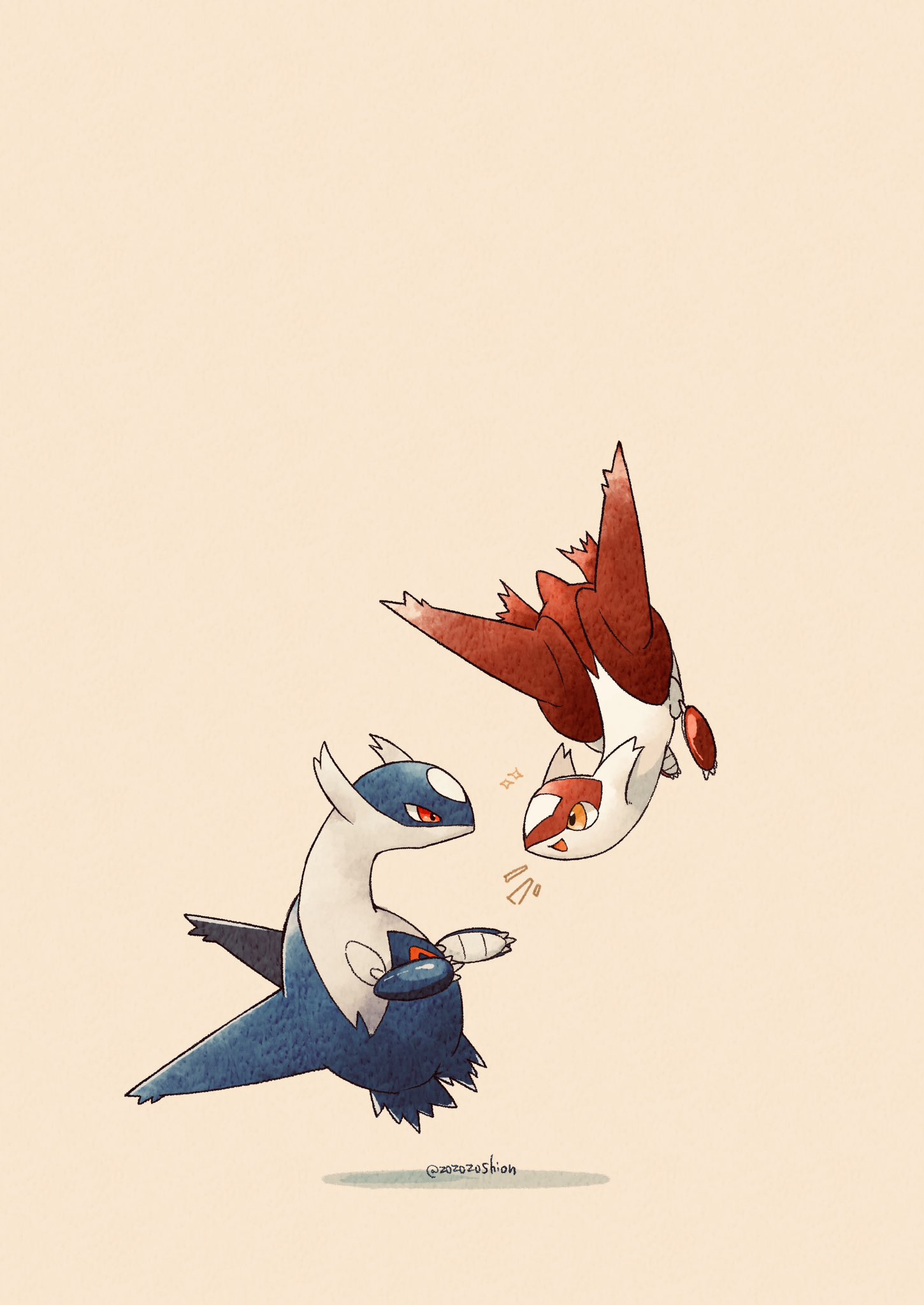 :d artist_name bird_tail claws commentary_request floating highres latias latios no_humans notice_lines open_mouth pokemon pokemon_(creature) red_eyes simple_background smile tail twitter_username white_background wings yellow_eyes zozozoshion