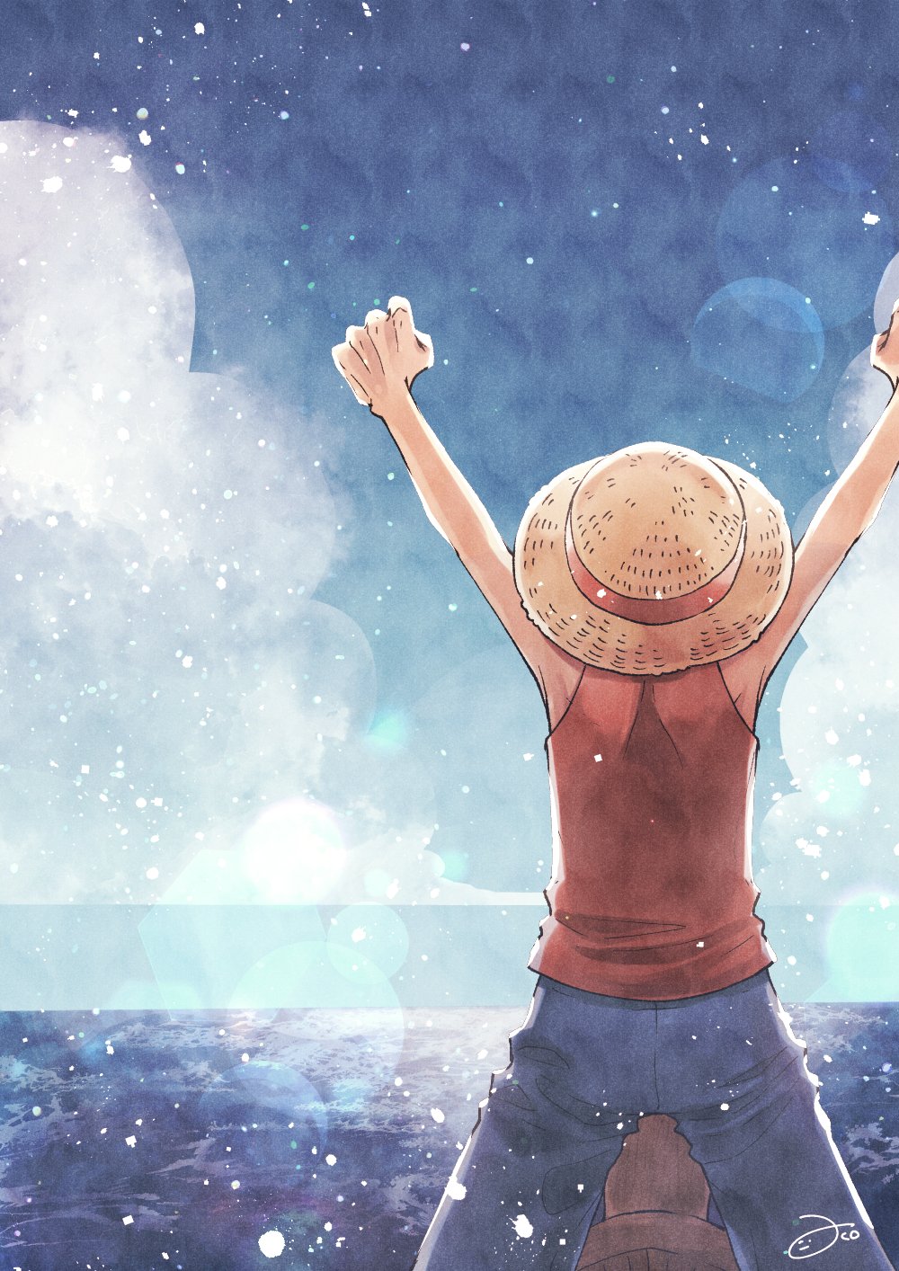 1boy aco_peda arms_up back blue_shorts boat commentary_request hat highres male_focus monkey_d._luffy ocean one_piece red_shirt shirt shorts sky sleeveless sleeveless_shirt solo straw_hat watercraft