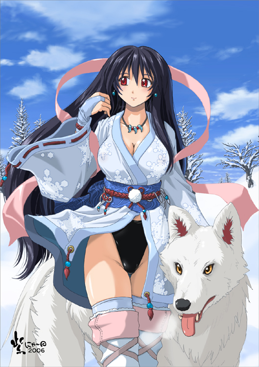 boots breasts cleavage foreshortening gloves japanese_clothes jewelry kimono murasaki_nyaa necklace red_eyes ribbon snow thigh-highs thigh_boots thighhighs wind_lift wolf