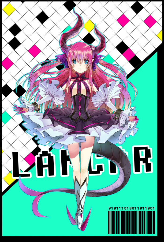 1girl barcode binary blue_eyes claws deba detached_sleeves dress fate/extra_ccc fate_(series) horns lancer_(fate/extra_ccc) long_hair pink_hair pointy_ears pointy_shoes solo tail two_side_up