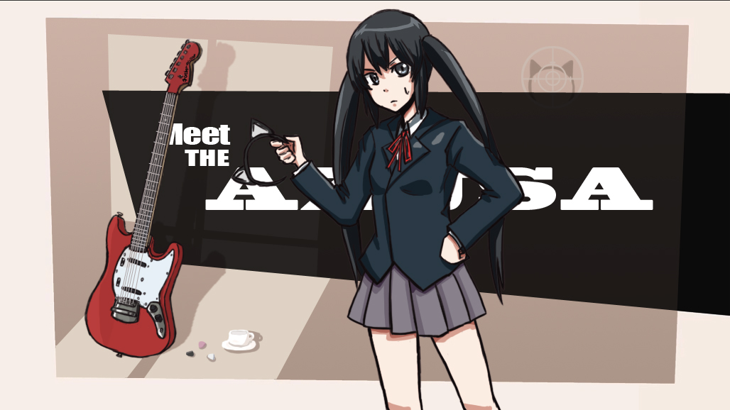 animal_ears black_eyes black_hair cat_ears crossover cup electric_guitar guitar hand_on_hip hips instrument k-on! long_hair nakano_azusa parody plectrum school_uniform skirt solo teacup team_fortress_2 the_sniper twintails yamada_marin
