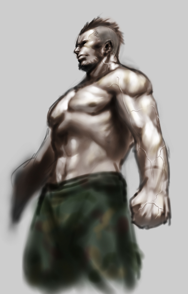 bad_id beard brown_hair clenched_hand clenched_hands cozy facial_hair fatigues male manly mohawk muscle shirtless simple_background solo veins