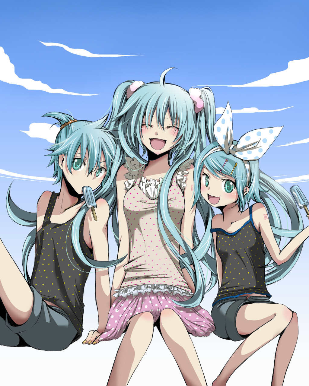 aqua_eyes aqua_hair bad_id hair_ornament hair_ribbon hairclip hatsune_miku highres inukai_(g_a) kagamine_len kagamine_rin popsicle ribbon short_hair sky smile twintails vocaloid