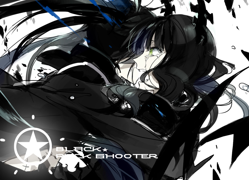 black_hair black_rock_shooter black_rock_shooter_(character) dead_master green_eyes horns hug long_hair multiple_girls starshadowmagician tears twintails wings