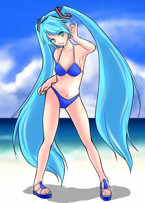 beach bikini cloud clouds green_eyes hatsune_miku head_tilt kazu01roki long_hair navel sandals sky swimsuit twintails very_long_hair vocaloid water