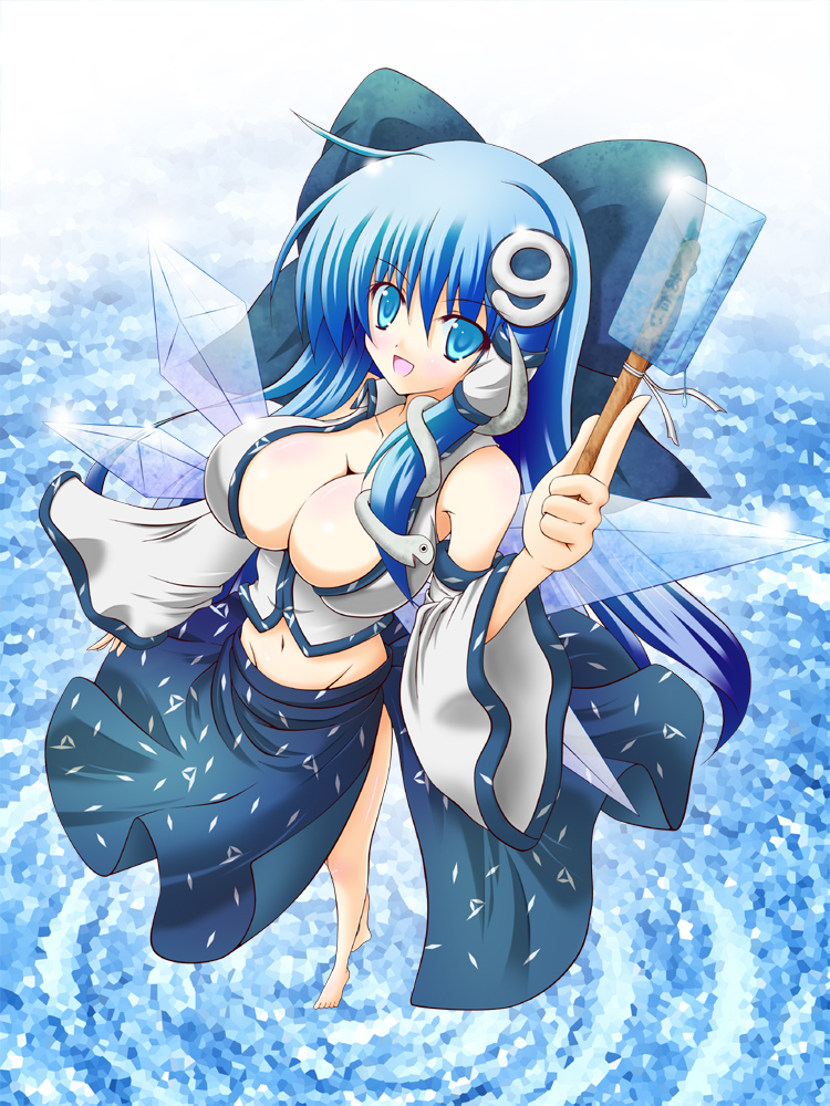 adult alternate_hairstyle barefoot blue blue_hair blue_ribbon breasts bursting_breasts cirno cirno_(cosplay) cleavage cosplay detached_sleeves foreshortening hair_ornament huge_breasts ice kochiya_sanae kochiya_sanae_(cosplay) large_breasts long_hair midriff mound_of_venus navel no_bra perspective popsicle ribbon shin_osada skirt solo touhou ⑨