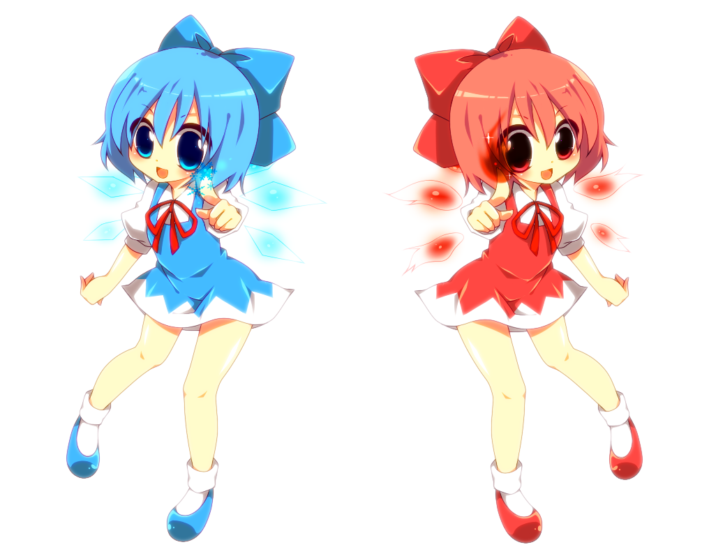 achi_cirno alternate_color alternate_element blue_eyes blue_hair blue_plan bow cirno dual_persona fiery_wings fire hair_bow ice mirror_opposites multiple_girls red_eyes red_hair redhead short_hair symmetry touhou wings