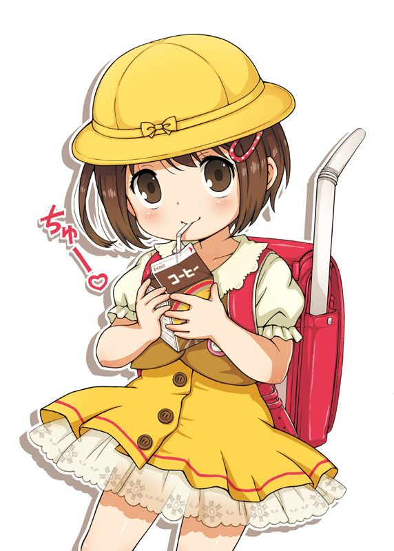1girl backpack bag bow brown_eyes brown_hair character_request child chocolate_milk dress drinking drinking_straw hair_ornament hairclip hat lasto looking_at_viewer milk_carton outline randoseru shadow short_hair simple_background smile solo straw translation_request white_background