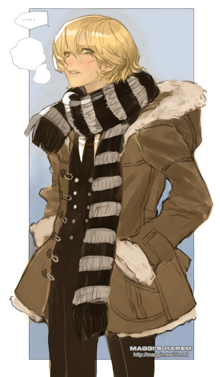 blonde_hair formal hand_in_pocket maggi male original parka scarf short_hair solo striped striped_scarf suit winter_clothes