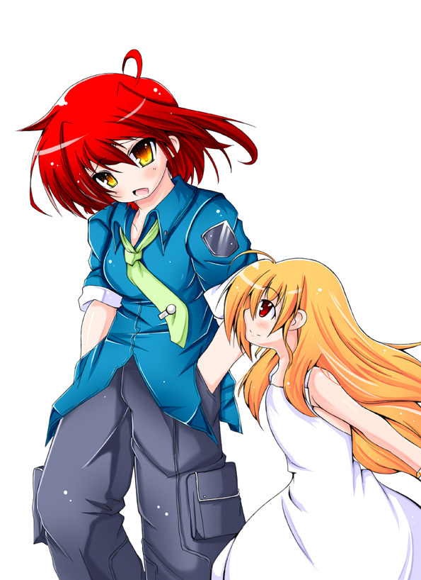 blue_shirt breasts cargo_pants long_hair mahou_shoujo_lyrical_nanoha mahou_shoujo_lyrical_nanoha_strikers mahou_shoujo_lyrical_nanoha_vivid necktie nove red_eyes red_hair redhead vivio yellow_eyes