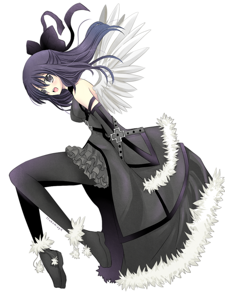 bare_shoulders black black_eyes black_legwear boots bow breasts detached_sleeves disolia french frills hair_bow hair_ribbon long_hair open_mouth original pantyhose purple_hair ribbon simple_background skirt smile solo wallpaper wings winter