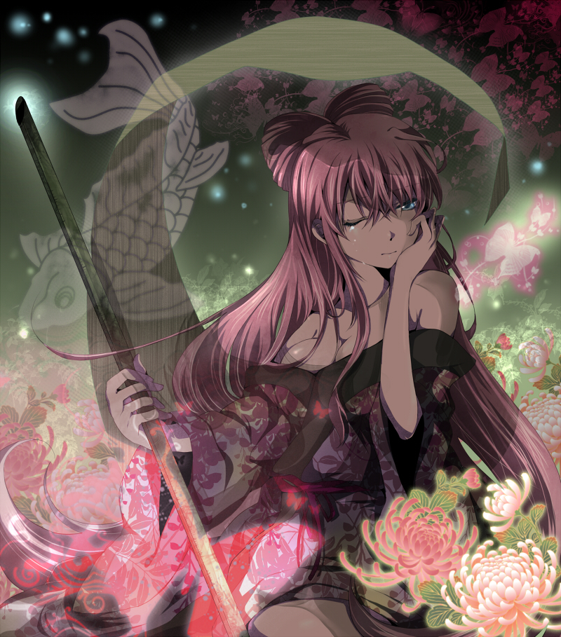 bare_shoulder breasts cleavage japanese_clothes kimono long_hair mariwai_(marireroy) megurine_luka pink_hair shinri_ibitsu solo tears very_long_hair vocaloid