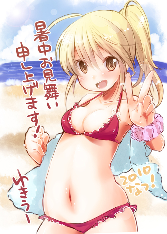 bikini blonde_hair brown_eyes long_hair navel original ponytail shochuumimai solo swimsuit towel translated v yukiame_kon yukiu_kon