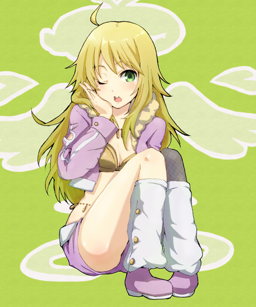 blonde_hair breasts cleavage face fishnet_pantyhose fishnets green_eyes hand_on_own_face hand_to_face hoshii_miki idolmaster idolmaster_2 k.y_ko leg_warmers long_hair open_mouth pantyhose shorts sitting solo wink