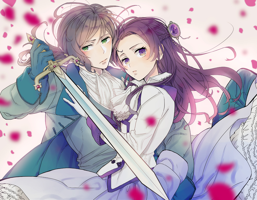 1boy 1girl austria_(hetalia) axis_powers_hetalia blurry braid brown_background brown_hair cravat depth_of_field formal frills gathers genderswap gloves green_eyes hair_ornament hand_on_another's_chest holding hungary_(hetalia) inseki_tarou jacket long_hair looking_at_viewer mole parted_lips petals ponytail rose_petals sword violet_eyes waistcoat weapon white_gloves
