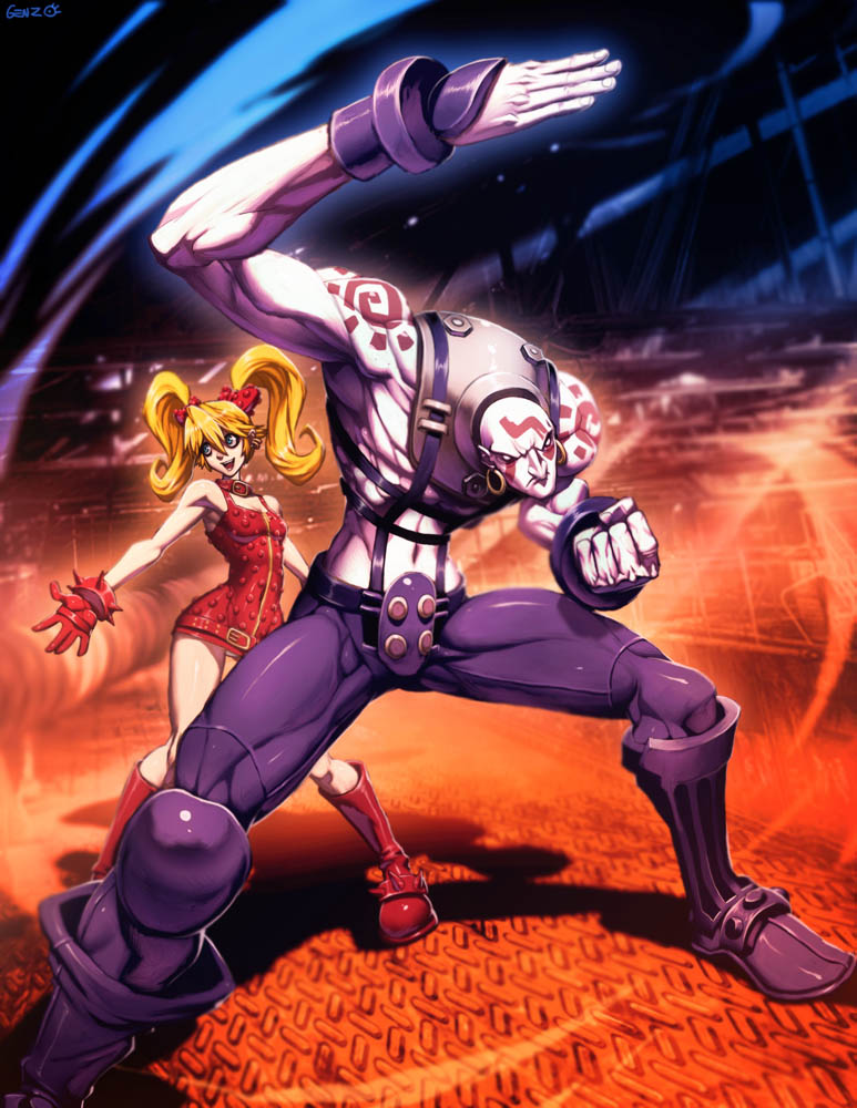 1girl albino bald blonde_hair boots capcom couple earrings effie fighting_stance genzoman height_difference jewelry muscle necro_(street_fighter) tattoo twintails wide_hips