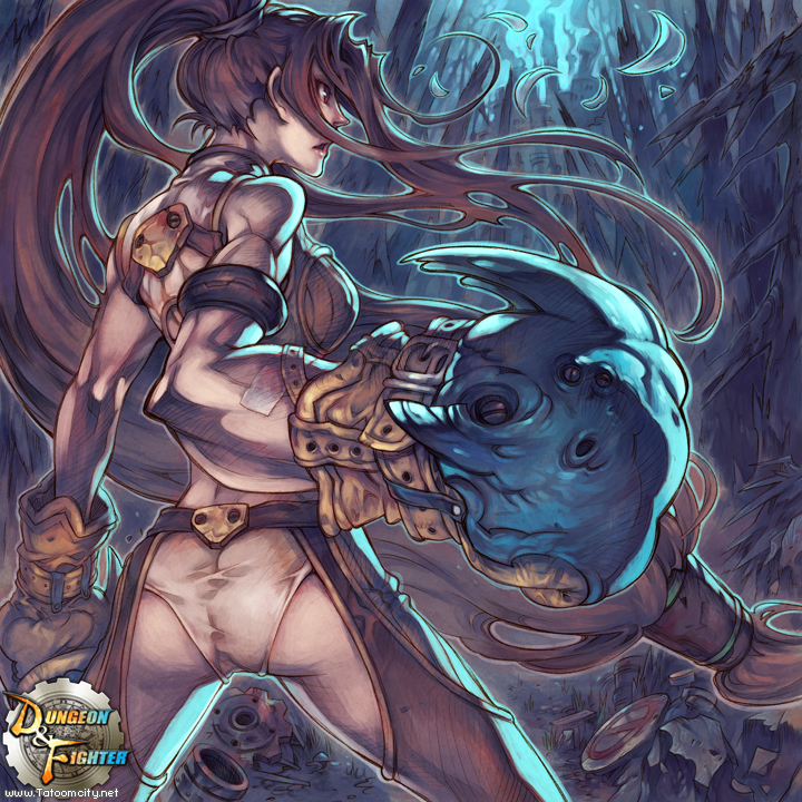 ass brown_hair dungeon_and_fighter fighter_(dungeon_and_fighter) gloves long_hair muscle very_long_hair yi_lee yilee