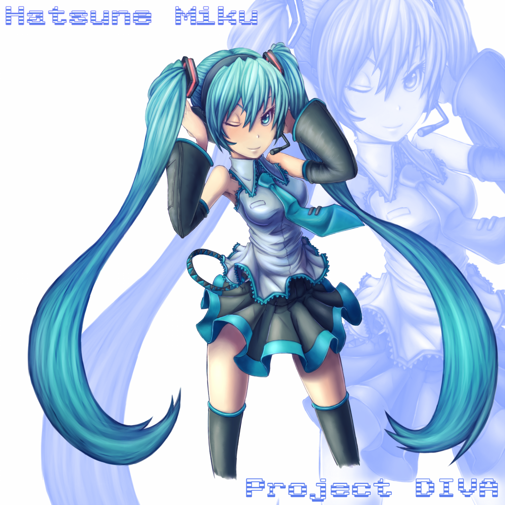 blue_eyes blue_hair detached_sleeves hatsune_miku headset long_hair necktie ros skirt solo thigh-highs twintails vocaloid wink zoom_layer