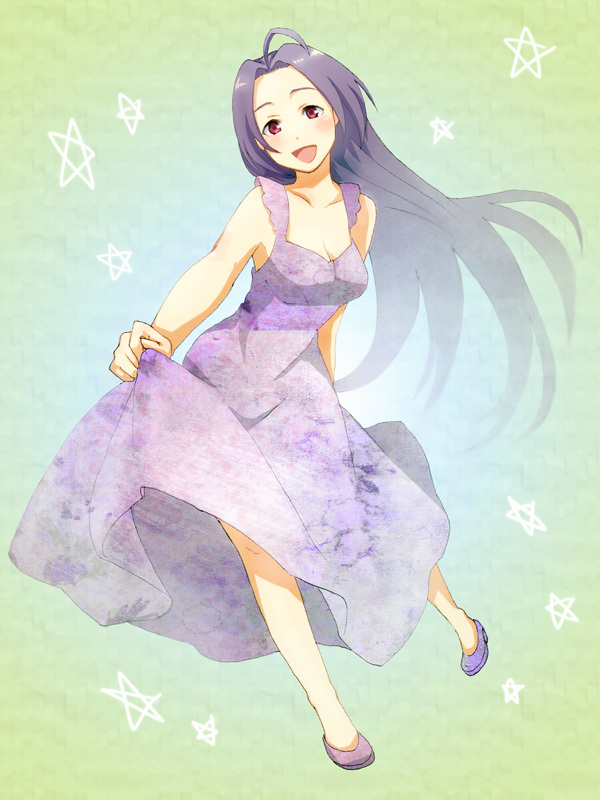 ahoge blue_hair blush breasts cleavage dress dress_lift face idolmaster k.y_ko miura_azusa open_mouth red_eyes shoes smile solo star