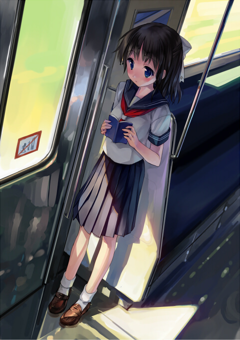 bus bus_interior original school_uniform serafuku solo takoyaki_(roast) train train_interior