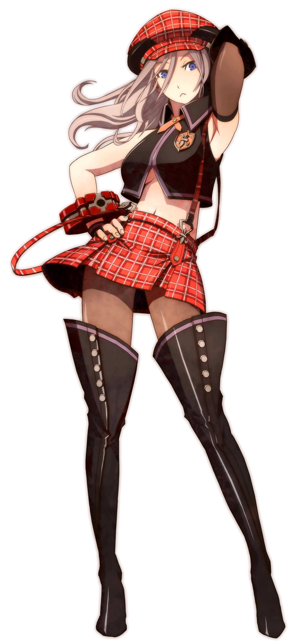 alisa_ilinichina_amiella blue_eyes boots breast breasts brown_hair cabbie_hat duplicate elbow_gloves fingerless_gloves gloves god_eater god_eater_burst hand_on_hip hat highres long_hair midriff navel official_art pantyhose plaid plaid_skirt simple_background skirt solo suspenders thigh_boots thighhighs under_boob underboob