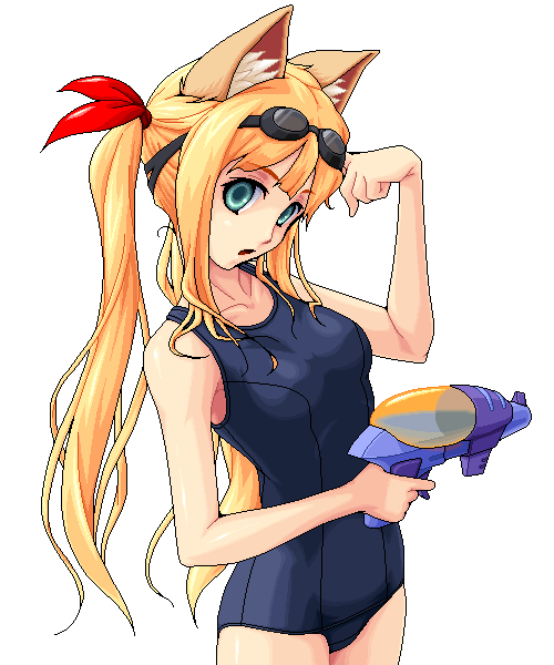 blonde_hair cat_ears goggles goggles_on_head green_eyes long_hair one-piece_swimsuit original pixel_art school_swimsuit solo swimsuit twintails water_gun yuuki_(silent_moon)