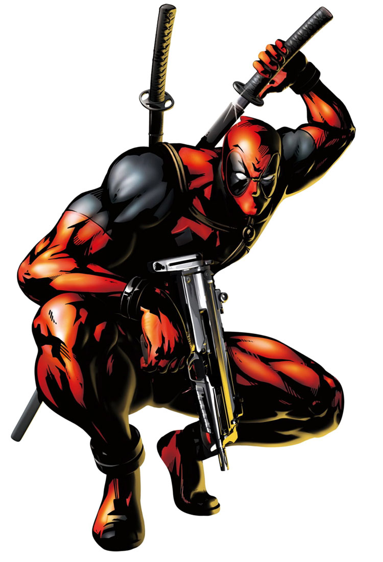 deadpool gun imi_uzi katana machine_pistol male marvel marvel_vs._capcom marvel_vs._capcom_3 marvel_vs_capcom mask official_art sheath sheathed shinkiro solo sparkle squatting submachine_gun sword weapon