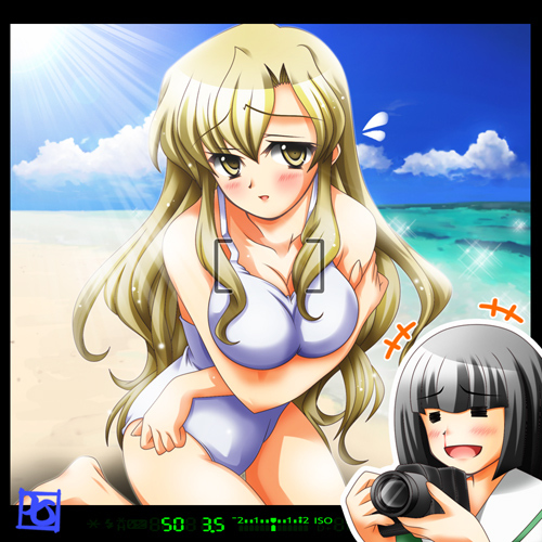 beach blonde_hair blood breasts brown_eyes camera cleavage maria-sama_ga_miteru nanatsuki_(arca-nize) nijou_noriko nosebleed one-piece_swimsuit swimsuit toudou_shimako viewfinder