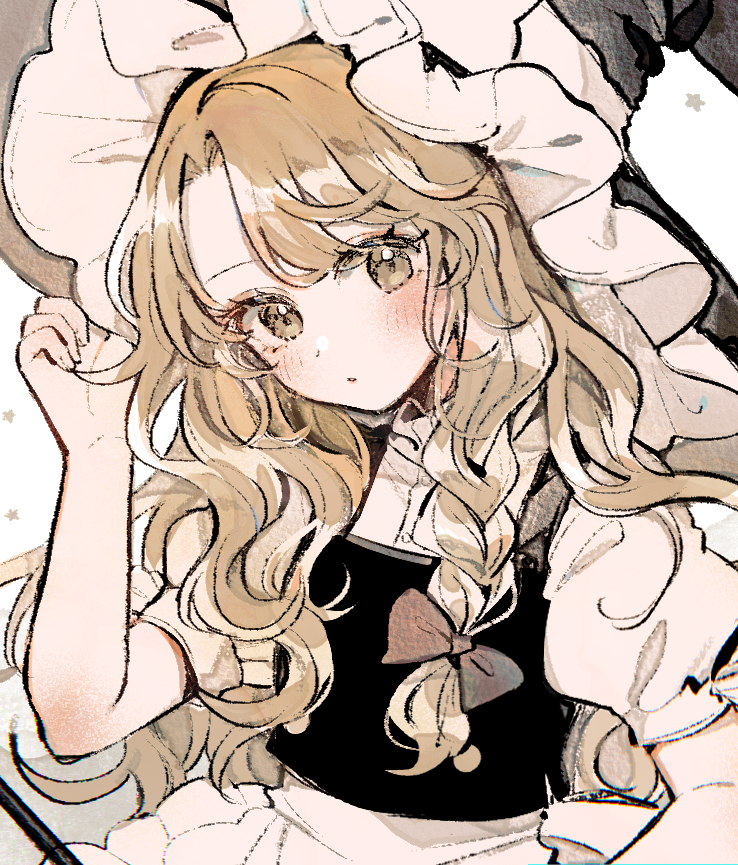 1girl black_vest blonde_hair blush bow braid brown_eyes commentary_request frills grey_bow hair_bow hand_on_headwear hat kirisame_marisa long_hair looking_at_viewer mozukuzu_(manukedori) parted_bangs puffy_short_sleeves puffy_sleeves shirt short_sleeves side_braid simple_background single_braid solo touhou upper_body vest white_background white_shirt witch_hat