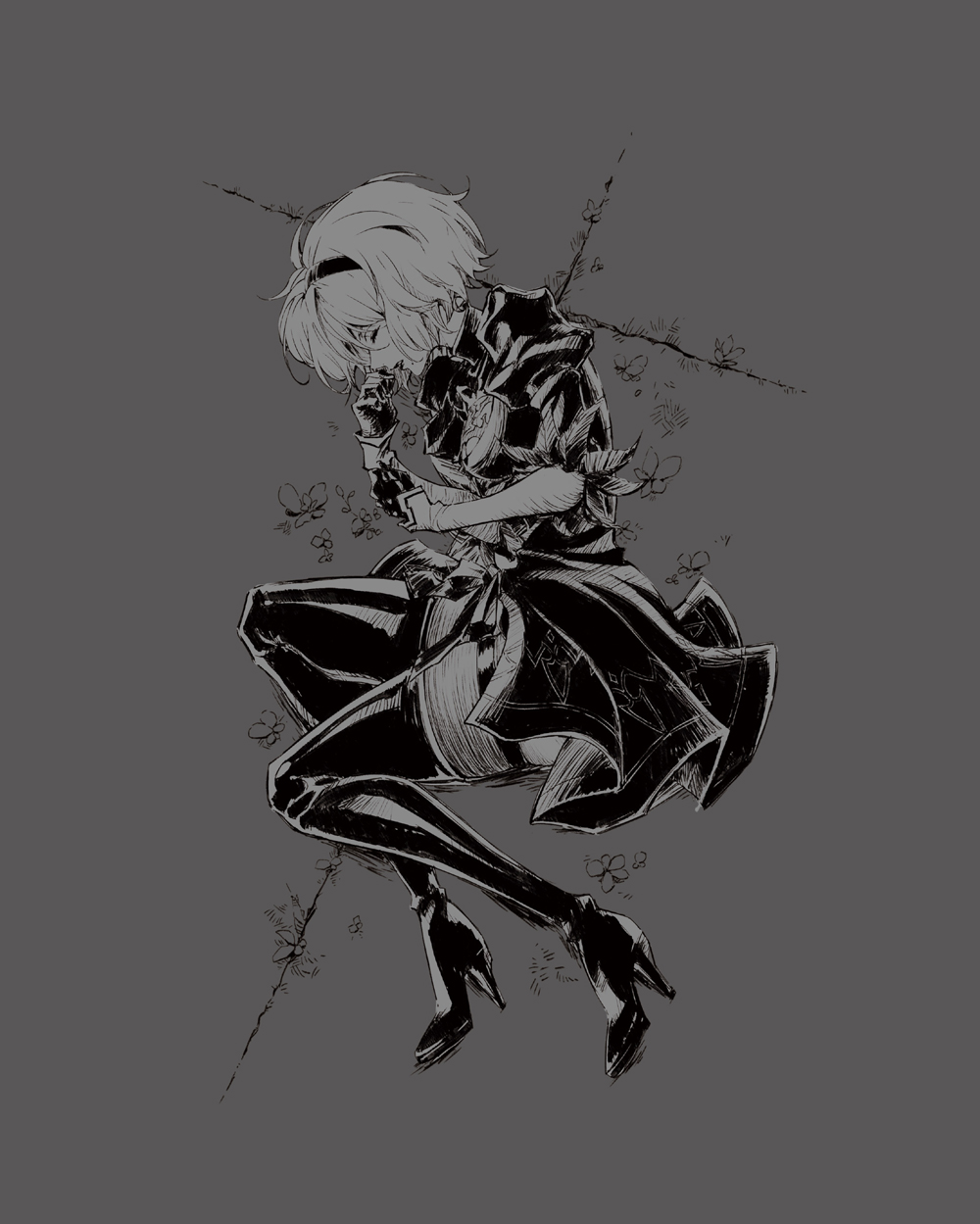 1girl 2b_(nier:automata) boots closed_eyes commentary_request dress fetal_position full_body gloves greyscale hairband high_heel_boots high_heels highres monochrome nakai_jun nier:automata nier_(series) official_art profile short_hair simple_background solo thigh_boots