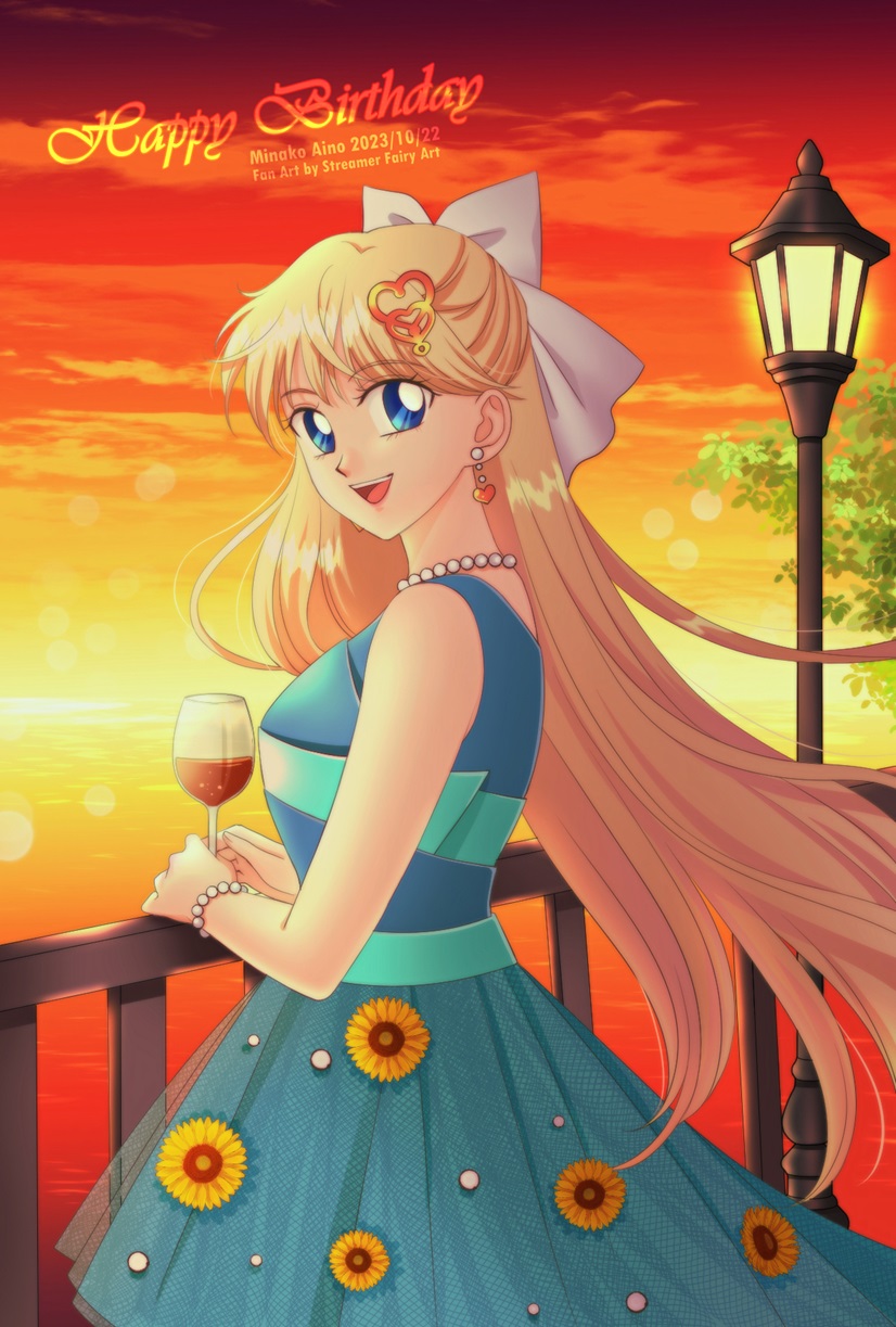 1girl aino_minako artist_name bishoujo_senshi_sailor_moon blonde_hair blue_dress blue_eyes bow bracelet clouds cloudy_sky commentary cup dated dress dusk earrings english_commentary floral_print from_side hair_bow happy_birthday heart heart_earrings highres holding holding_cup jewelry koya lamppost long_hair looking_at_viewer necklace open_mouth outdoors pearl_bracelet pearl_necklace print_dress sky sleeveless sleeveless_dress solo standing sunflower_print teeth upper_teeth_only white_bow