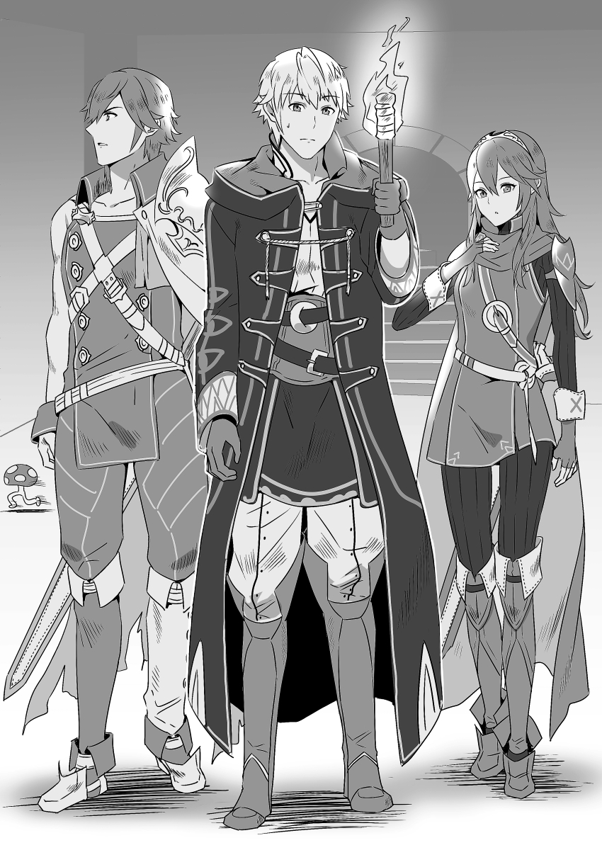 1girl 2boys :o ameno_(a_meno0) asymmetrical_clothes bare_arms boots breasts cape chrom_(fire_emblem) coat crossover falchion_(fire_emblem) fingerless_gloves fire fire_emblem fire_emblem_awakening gloves greyscale highres indoors long_hair long_sleeves lucina_(fire_emblem) monochrome mother_(game) mother_2 multiple_boys mushroom open_mouth pants pantyhose ramblin'_evil_mushroom robin_(fire_emblem) robin_(male)_(fire_emblem) running short_hair small_breasts sweatdrop sword torch torn_clothes weapon