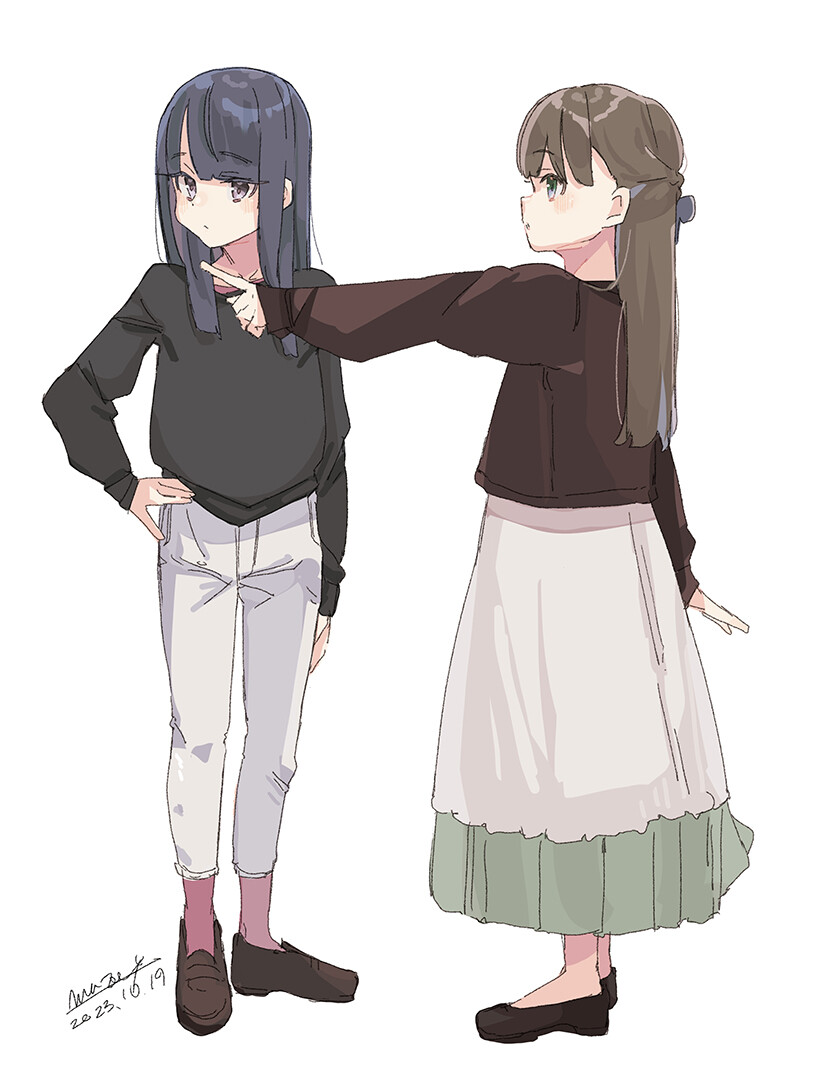 2girls :o black_footwear black_shirt blue_eyes blue_hair bow brown_hair dated dress from_side full_body hair_bow hand_on_own_hip jacket loafers long_dress long_hair long_sleeves maze_(gochama_ze_gohan) multiple_girls original pants pointing profile shirt shoes signature simple_background standing violet_eyes white_background white_pants