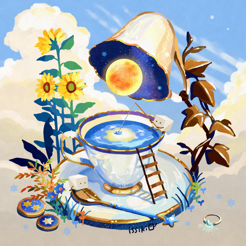 ._. artist_name blue_sky clouds commentary_request cup drink fishing fishing_rod flower food food_focus full_moon holding holding_fishing_rod issiki_toaki ladder moon no_humans original plant reflection reflective_water saucer scenery sky spoon star_(sky) star_(symbol) starry_sky sugar_cube sunflower tea teacup twitter_username yellow_flower