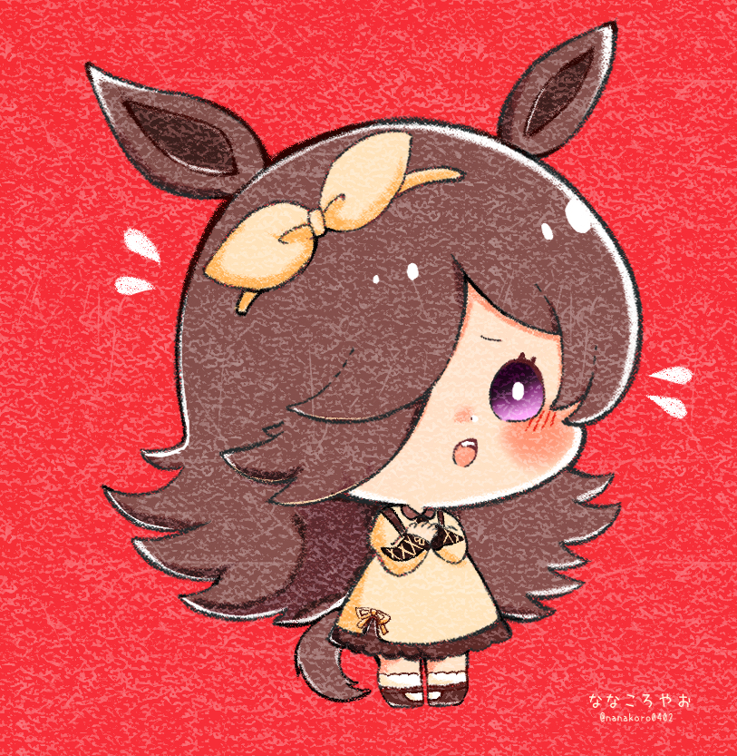 1girl :o animal_ears blush boots bow brown_footwear brown_hair chibi collared_dress dress flipped_hair flying_sweatdrops full_body hair_bow hair_over_one_eye hairband horse_ears horse_girl horse_tail long_hair long_sleeves nanakoro0402 one_eye_covered open_mouth own_hands_together red_background rice_shower_(umamusume) simple_background solo standing tail twitter_username umamusume very_long_hair violet_eyes worried yellow_dress