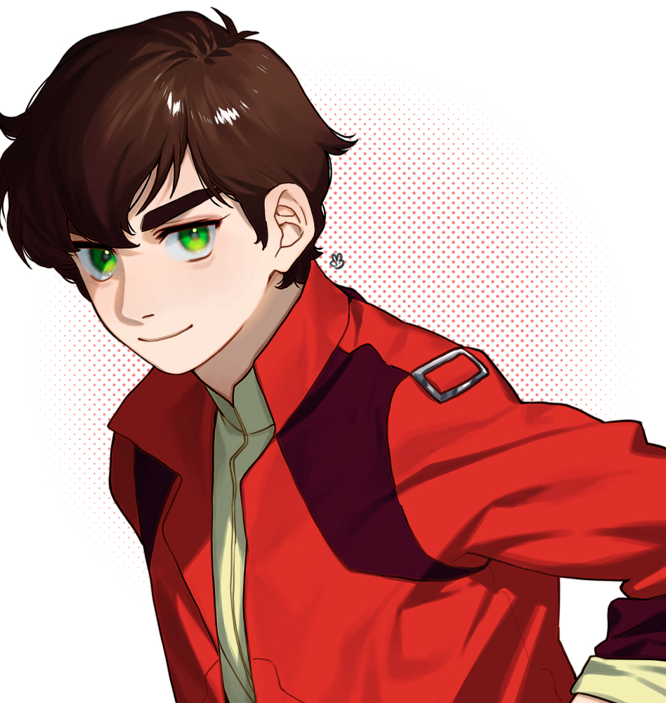 1boy artist_logo brown_hair closed_mouth commentary_request green_eyes gundam gundam_zz jacket judau_ashta long_sleeves looking_at_viewer male_focus open_clothes open_jacket red_jacket shirt short_hair smile solo thick_eyebrows upper_body ususio_11 yellow_shirt