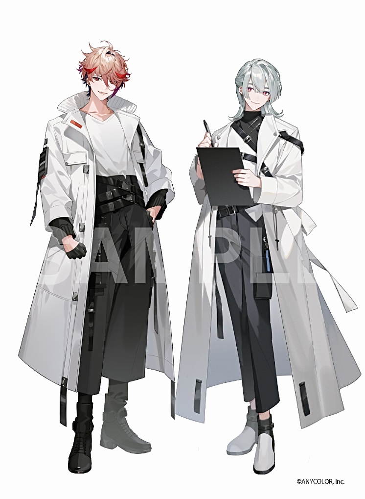 2boys ankle_boots arm_at_side belt black_belt black_footwear black_gloves black_hair black_pants black_shirt blunt_bangs boots clenched_hand clipboard closed_mouth coat collarbone copyright_notice double-parted_bangs full_body genzuki_toujirou gloves grey_hair hair_between_eyes half_gloves half_updo hand_on_own_hip harness holding holding_clipboard holding_pen lab_coat layered_sleeves long_sleeves looking_at_viewer male_focus medium_hair multicolored_hair multiple_boys nijisanji official_art open_clothes open_coat orange_hair pants parted_lips pen red_eyes redhead sample_watermark seraph_dazzlegarden shirt short_hair simple_background smile streaked_hair thigh_pouch turtleneck two-tone_shirt v-shaped_eyebrows virtual_youtuber watermark white_background white_coat white_footwear white_shirt yukko_(matakite_4kaku)