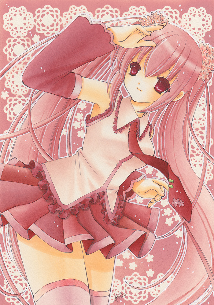alternate_color asapon cherry_blossoms cherry_hair_ornament detached_sleeves floral_background flower food-themed_hair_ornament hair_flower hair_ornament hatsune_miku lace_background long_hair necktie pink_eyes pink_footwear pink_hair pink_necktie pink_skirt pink_sleeves pink_theme pink_thighhighs sakura_miku signature skirt solo thigh-highs twintails very_long_hair vocaloid