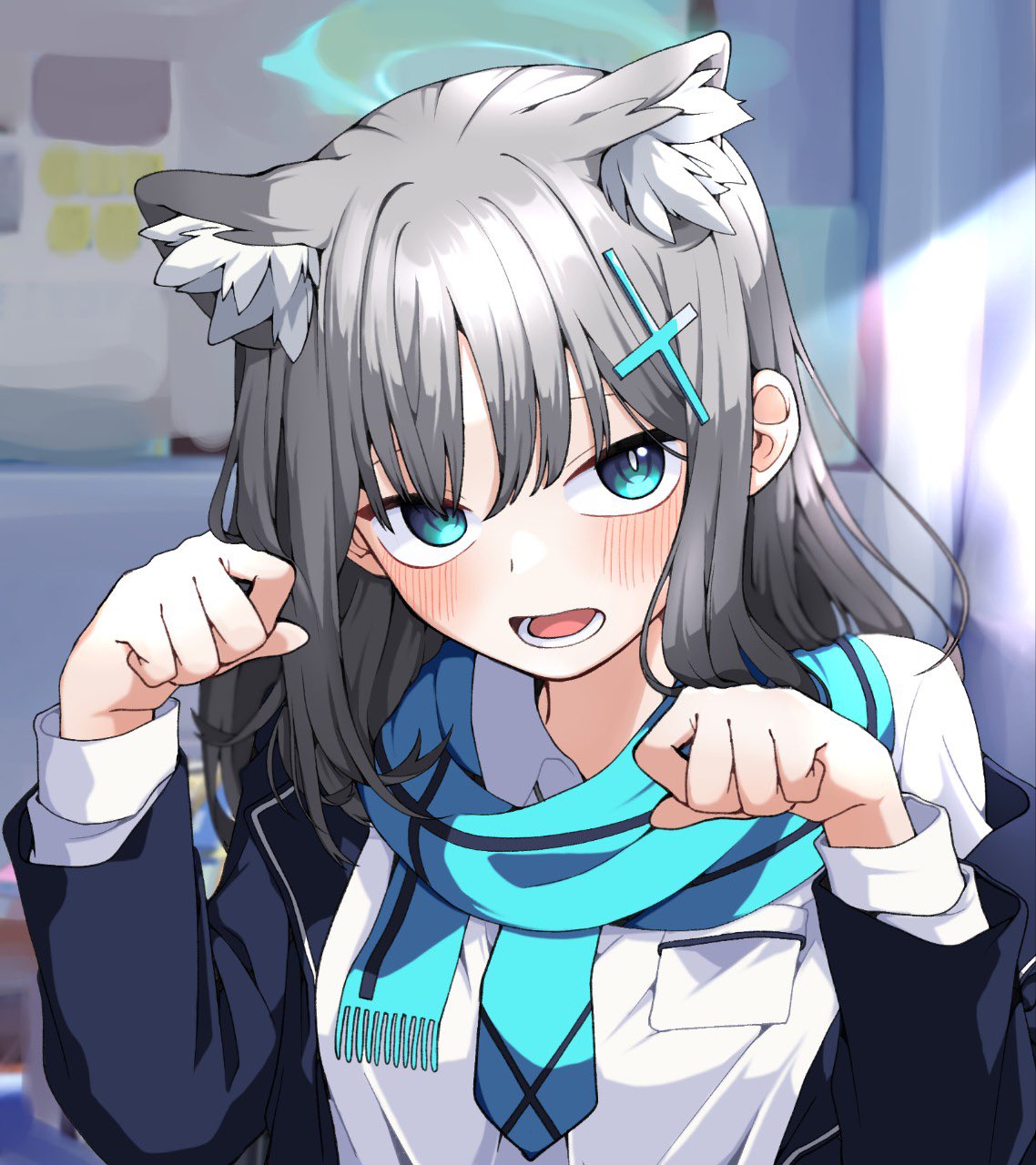 1girl animal_ear_fluff animal_ears black_jacket blue_archive blue_eyes blush breast_pocket breasts collared_shirt cross_hair_ornament extra_ears gang_h grey_hair hair_ornament halo hands_up highres indoors jacket long_hair long_sleeves looking_at_viewer mismatched_pupils open_mouth paw_pose pocket scarf shiroko_(blue_archive) shirt sidelocks small_breasts solo upper_body