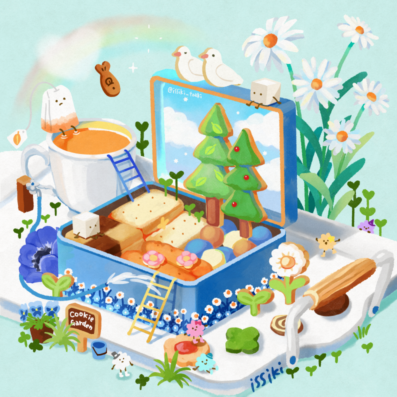 animal artist_name bird blue_flower box checkerboard_cookie clouds commentary_request cookie cup english_text flower food food_focus garden heart hose issiki_toaki ladder no_humans original plant potted_plant rainbow scenery sign sugar_cube teabag teacup tray tree twitter_username white_flower