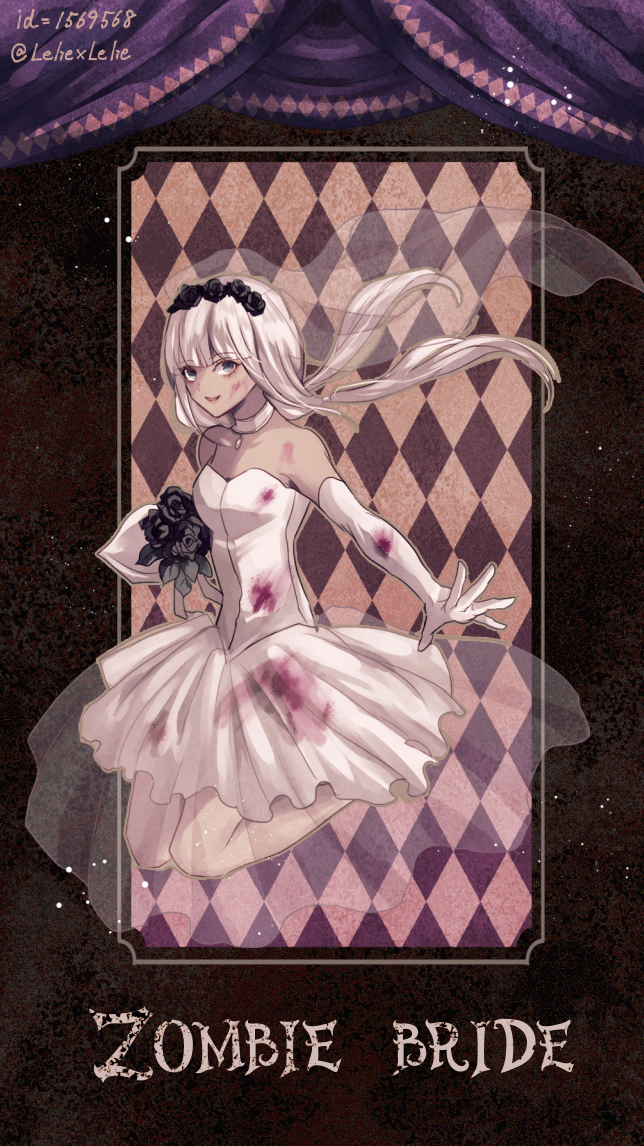 1girl black_flower blood blood_on_clothes blood_on_face blue_eyes bouquet bridal_gauntlets bridal_veil choker danganronpa_(series) danganronpa_v3:_killing_harmony elbow_gloves flower gloves grey_hair halloween holding holding_bouquet long_hair low_twintails pixiv_id solo twintails twitter_username veil white_choker yonaga_angie z-epto_(chat-noir86) zombie