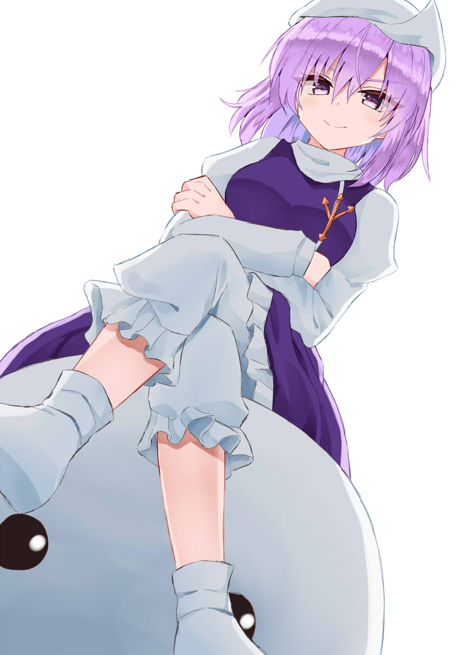 1girl bloomers blue_skirt breasts closed_mouth crossed_arms crossed_legs feet_out_of_frame frilled_skirt frills from_below highres lapel_pin letty_whiterock long_sleeves medium_breasts no_shoes purple_hair shirt simple_background sitting skirt smile snowman socks solo sugiyama_ichirou touhou turtleneck v-shaped_eyebrows vest violet_eyes white_background white_bloomers white_headwear white_shirt white_socks white_vest
